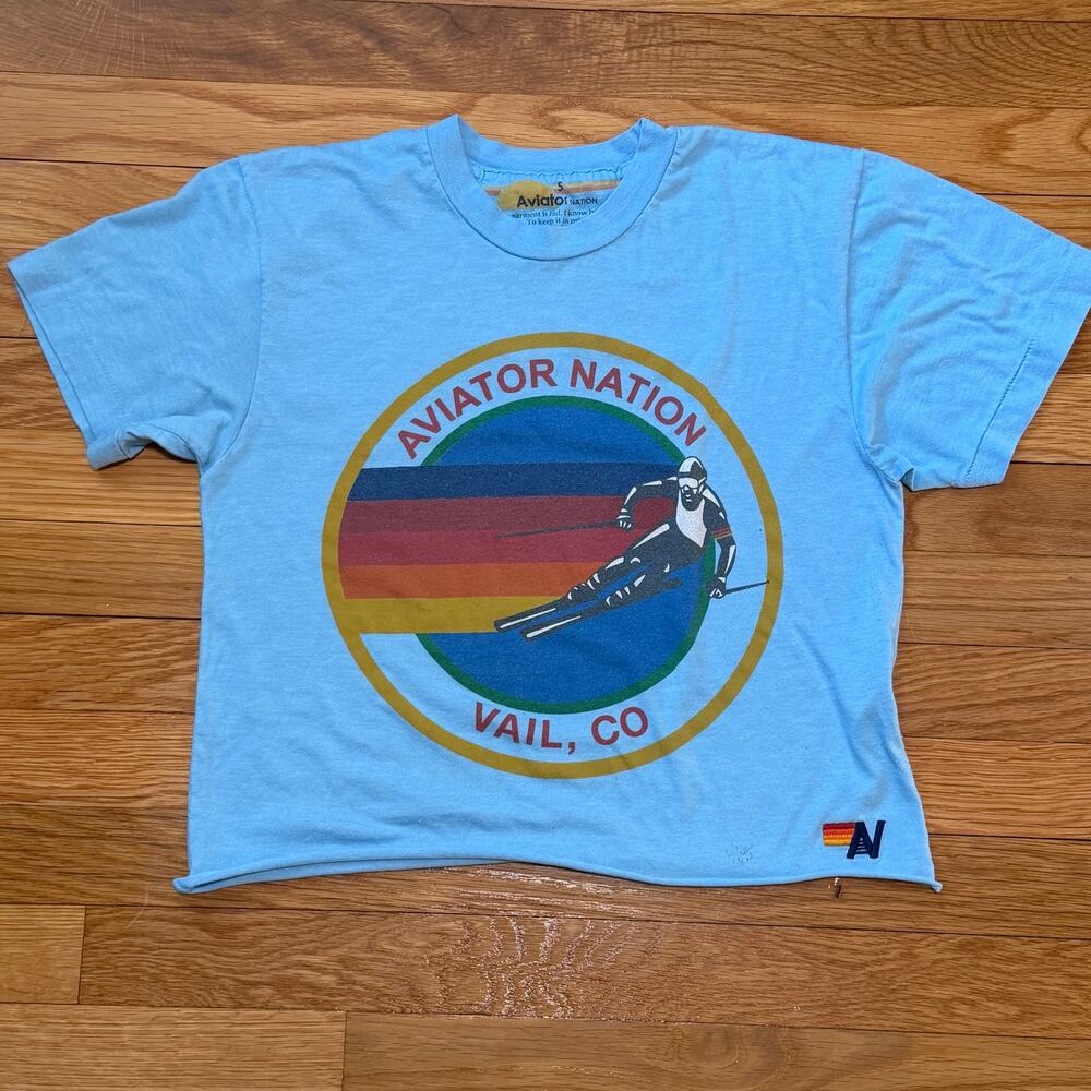 Aviator Nation | Women's Vail CO Ski Graphic Cropped Tee Blue Vintage Style XS